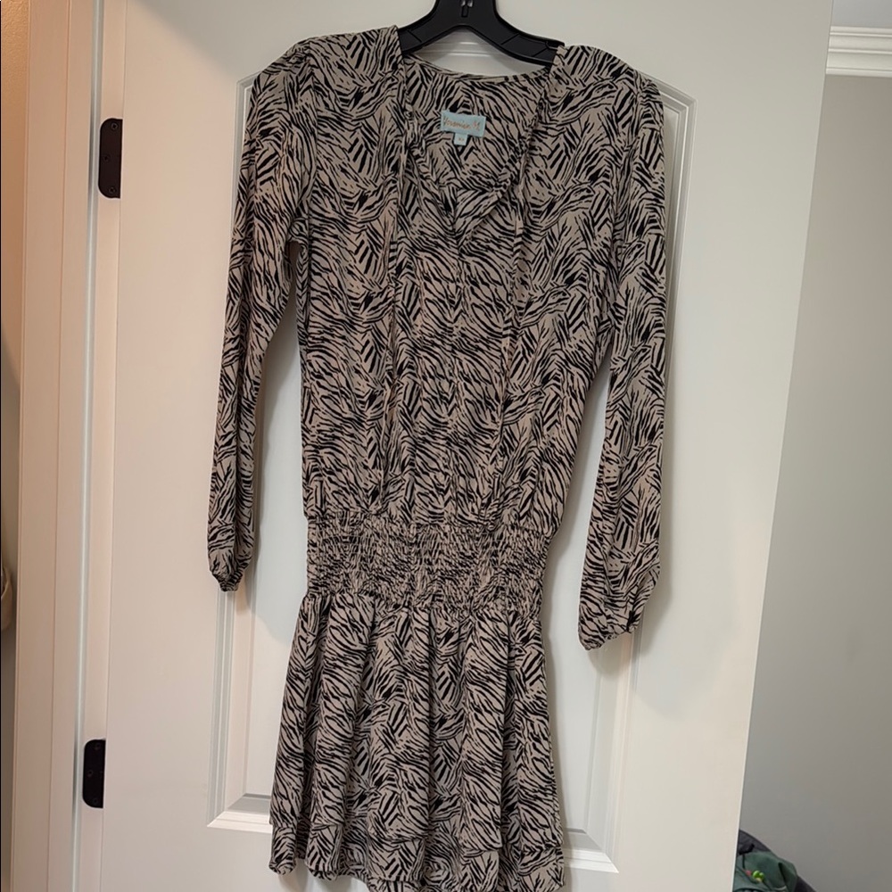 Veronica M Gray and Black Pleated Long Sleeve Dress